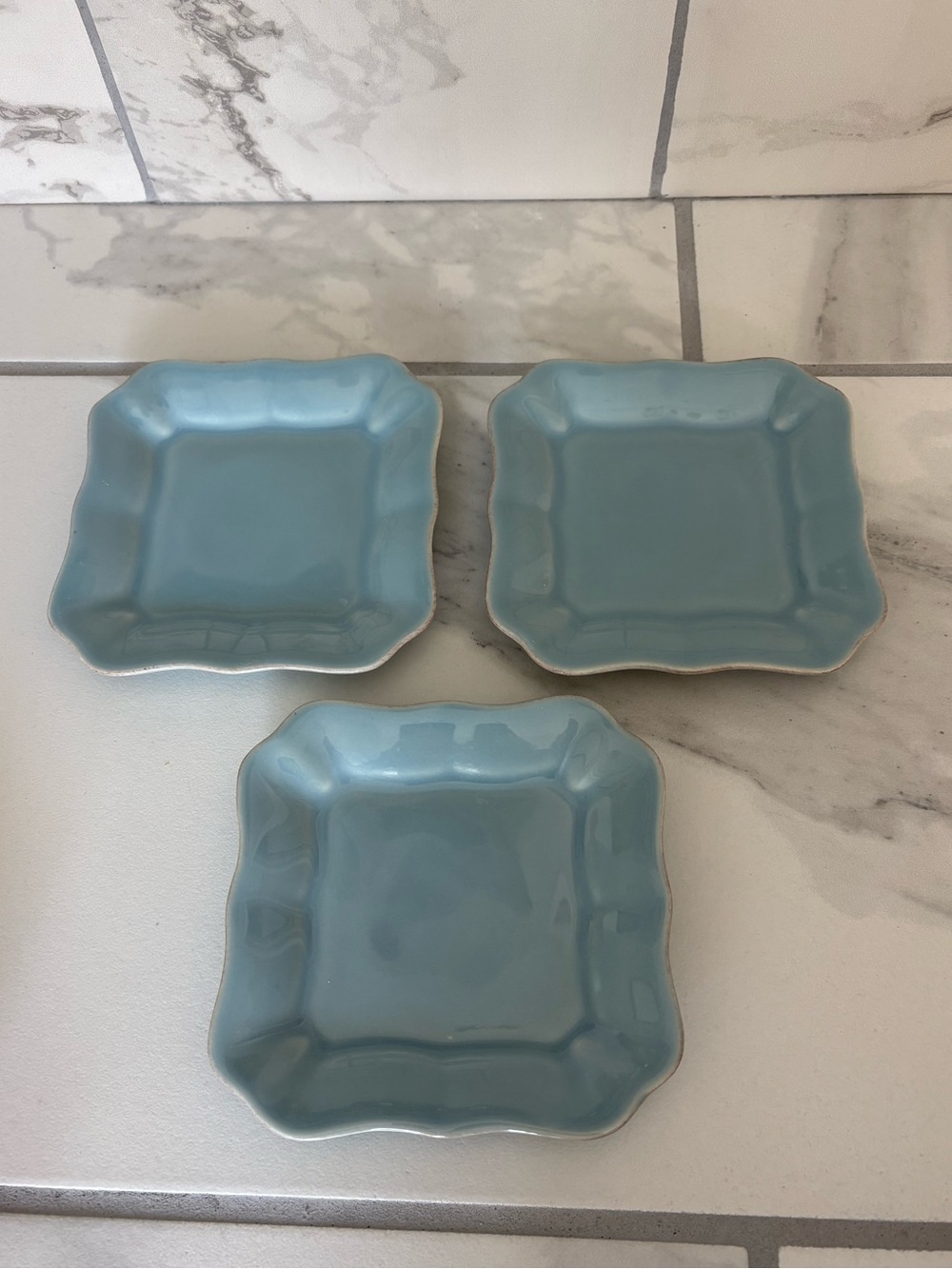 Pottery Barn Cambria Turquoise Blue Square Tidbit/Appetizer Plates - Set of 3